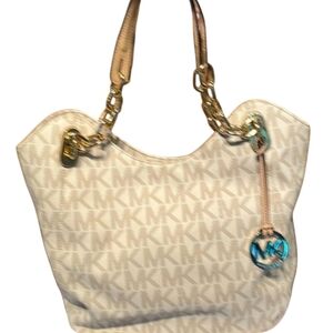 Michael Kors Lillie Large Signature Logo Shoulder Bag in Vanilla/Acorn